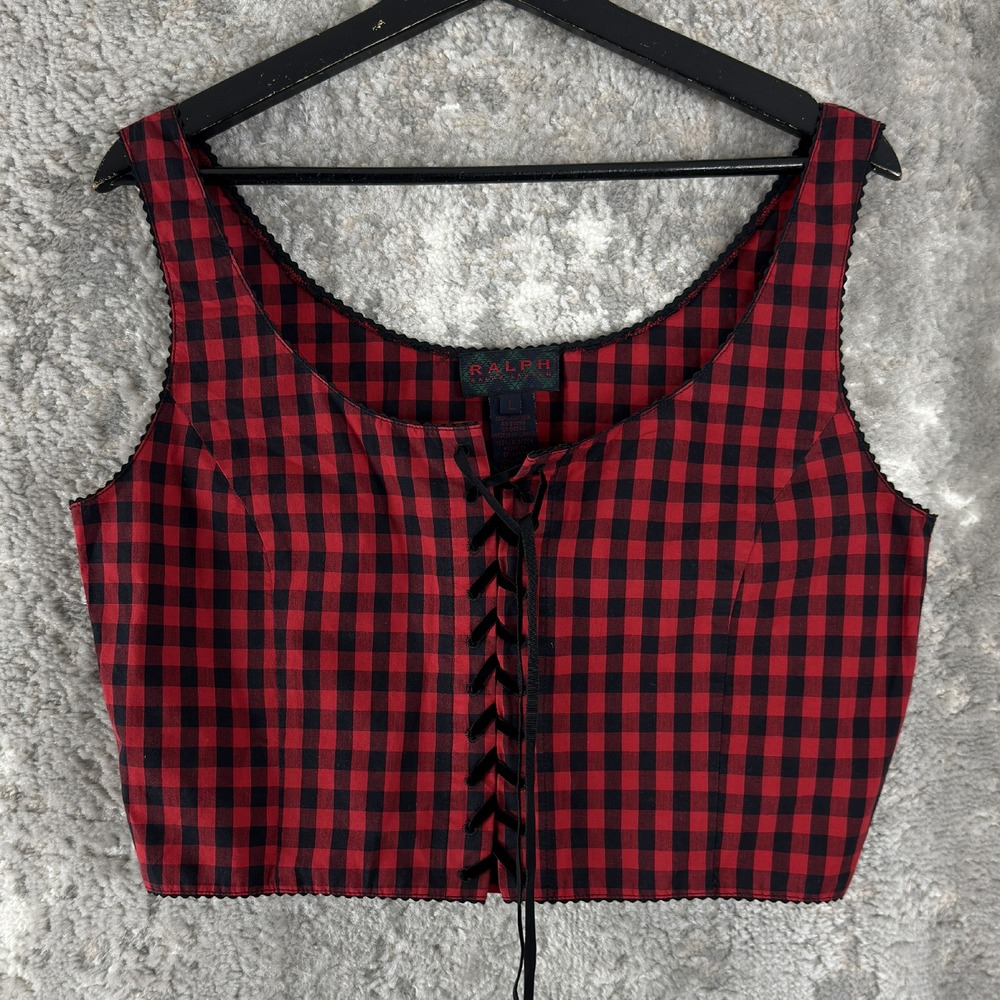 Ralph Lauren Size L Lace Up Gingham Plaid Corset Tank Top Red Black Sleeveless